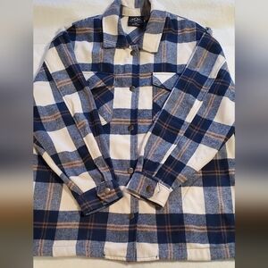 HFX Plaid Blue and White Women's Shirt Jacket. Snap Buttons. Sz M
